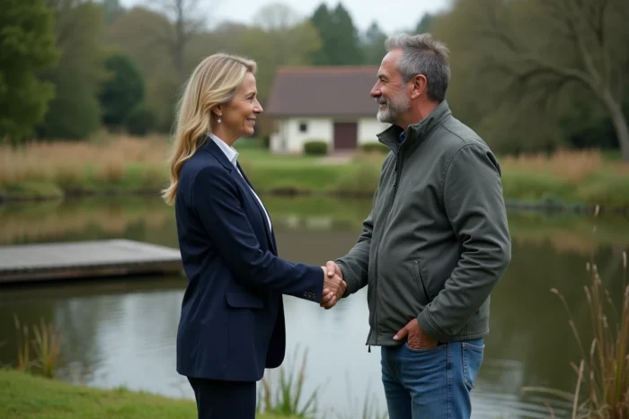Deux particuliers concluant la vente d'un étang privé par une poignée de main au bord de l'eau