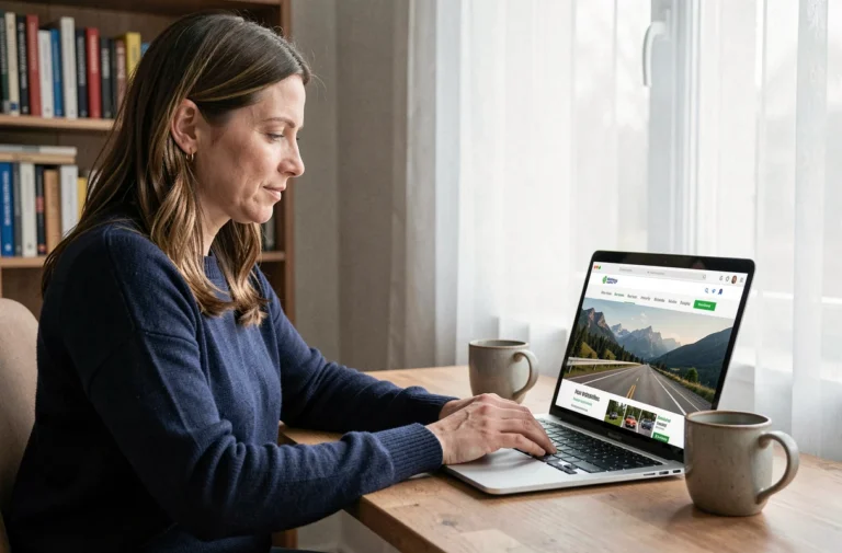 Femme achetant une vignette suisse en ligne depuis son bureau à domicile en France