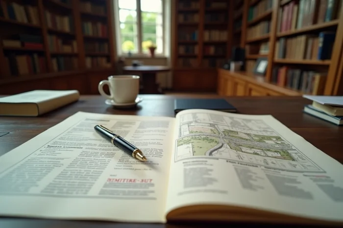 Acte notarié et plan cadastral pour la vente d'un étang posés sur un bureau de notaire