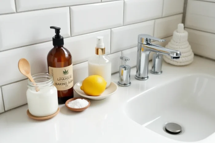 Alternatives naturelles à Domestos posées sur un plan vasque de salle de bain : vinaigre blanc, bicarbonate et citron