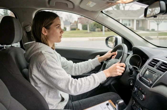 Jeune femme en cours de conduite accompagnée par un moniteur, mains sur le volant dans une voiture moderne