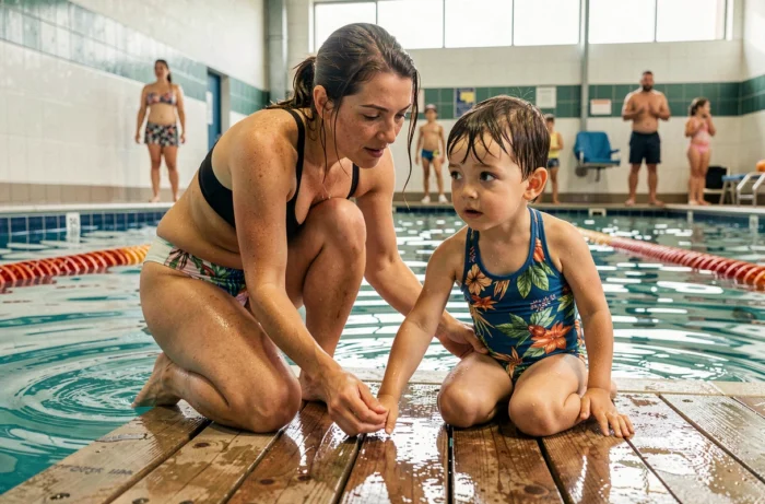 Une femme apprenant à nager à un jeune enfant au bord d'une piscine intérieure, symbolisant l'importance de l'initiation sportive précoce pour le développement de l'enfant