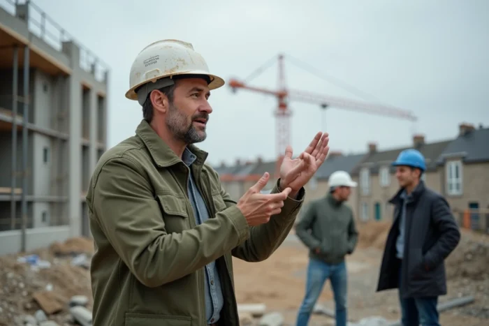Architecte supervisant un chantier de construction résidentielle à Rennes avec des clients