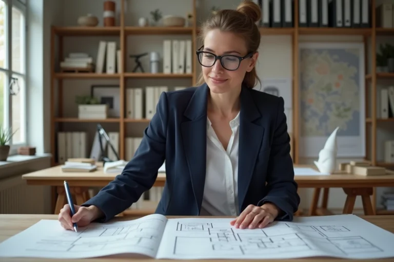 Architecte professionnelle à Rennes examinant des plans de construction dans son bureau