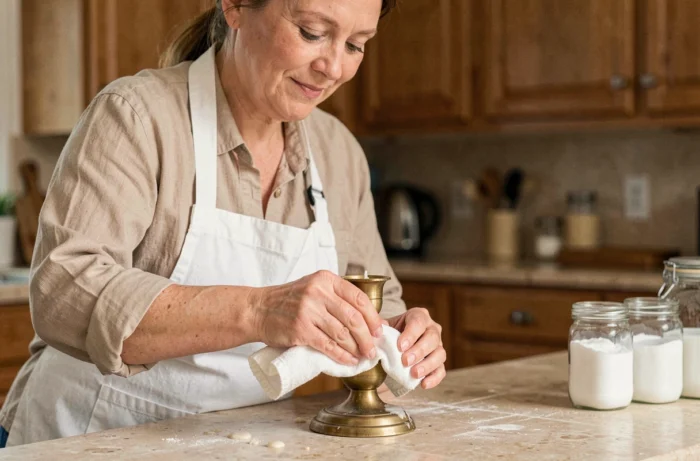 Femme qui astique un chandelier en laiton avec un chiffon doux et une pâte maison dans une cuisine chaleureuse