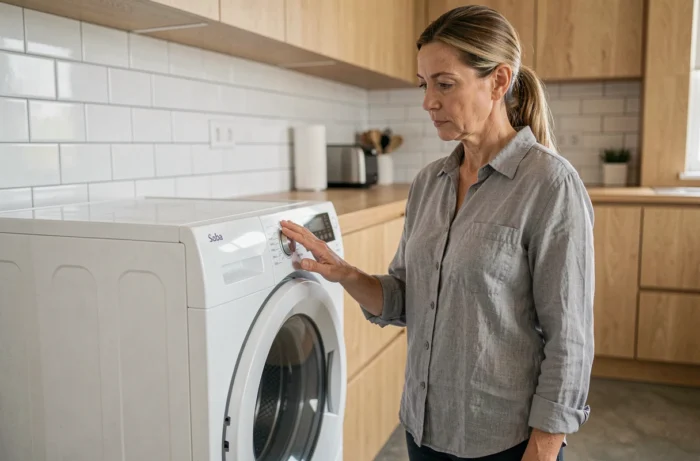 Femme examinant un lave-linge Saba dans une cuisine moderne, évaluant la qualité et la fiabilité de l'électroménager