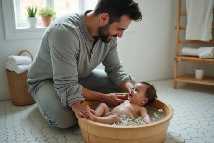 Papa donnant le bain à son bébé dans une baignoire en bois avec des fleurs de camomille séchées dans une salle de bain naturelle
