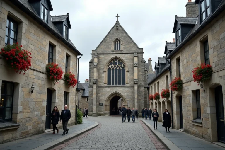 La basilique Notre-Dame-de-Bon-Secours de Guingamp vue depuis une rue pavée du centre historique avec des passants