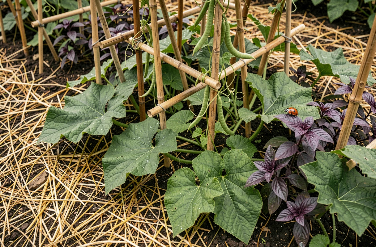Gros plan d'un carré de potager biologique avec courgettes, haricots grimpants, basilic pourpre et coccinelle posée sur une feuille couverte de rosée matinale