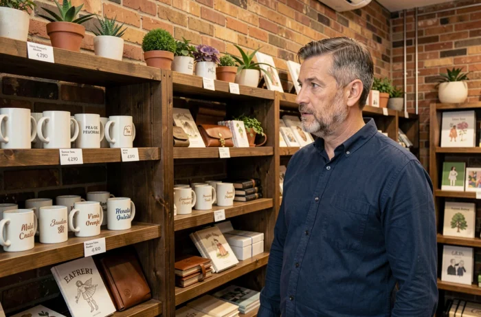 Homme choisissant des cadeaux originaux et personnalisés dans une boutique artisanale aux étagères en bois