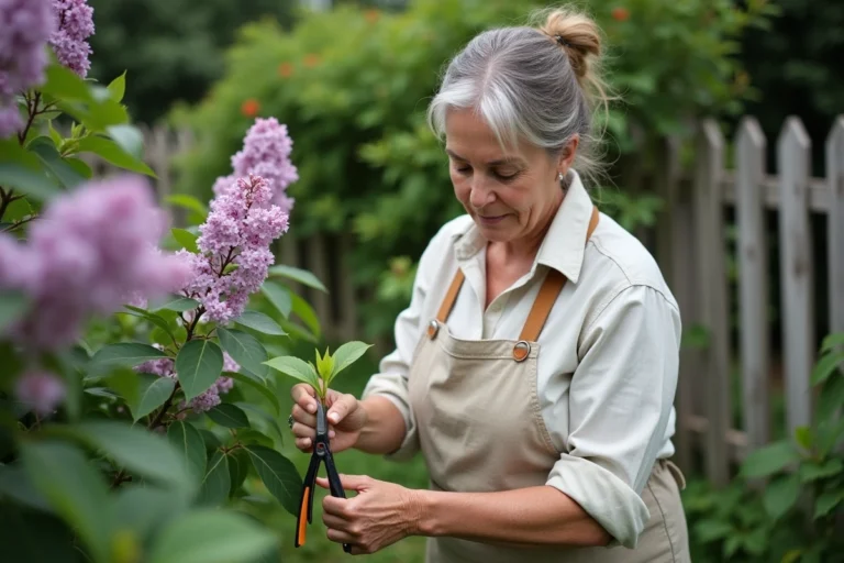 Femme en tablier prélevant une bouture de lilas dans un jardin en fleurs avec des sécateurs