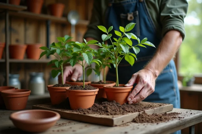Mains masculines plantant des boutures de lilas dans des pots en terre cuite sur un établi de jardinage