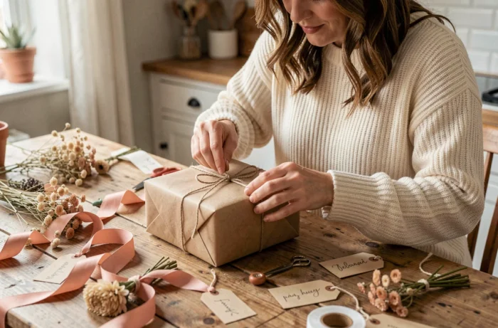 Femme enveloppant un cadeau personnalisé avec du papier kraft et de la ficelle sur une table en bois rustique
