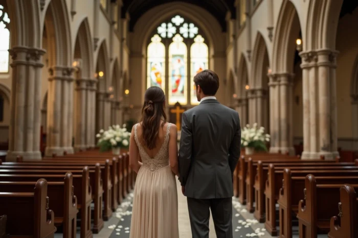 Couple lors d'une cérémonie de mariage religieux dans une église française traditionnelle