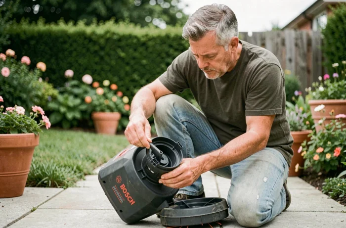 Homme changeant la bobine fil d'un coupe-bordure Bosch dans un jardin, retirant le couvercle du tambour avec soin