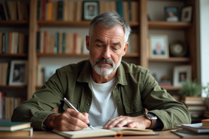 Homme barbu concentré sur un manuscrit dans un bureau à domicile chaleureux, symbole d'une reconversion discrète après la célébrité