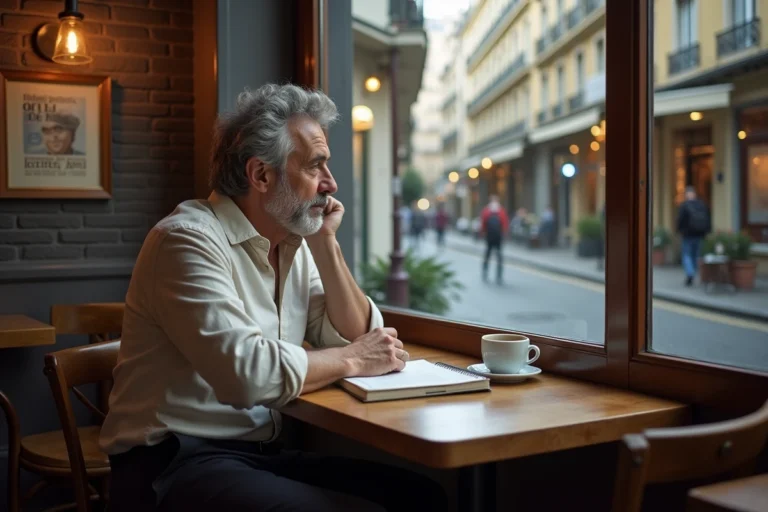 Homme aux cheveux poivre et sel pensif dans un café parisien, évoquant une ancienne célébrité retirée des projecteurs