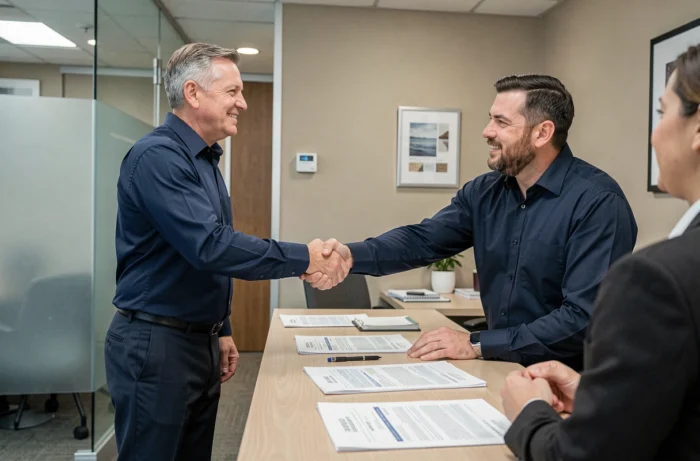 Client et conseiller bancaire signant un accord de prêt dans une agence bancaire professionnelle