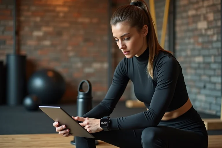 Coach sportive utilisant une application de coaching numérique dans une salle de fitness moderne en 2024
