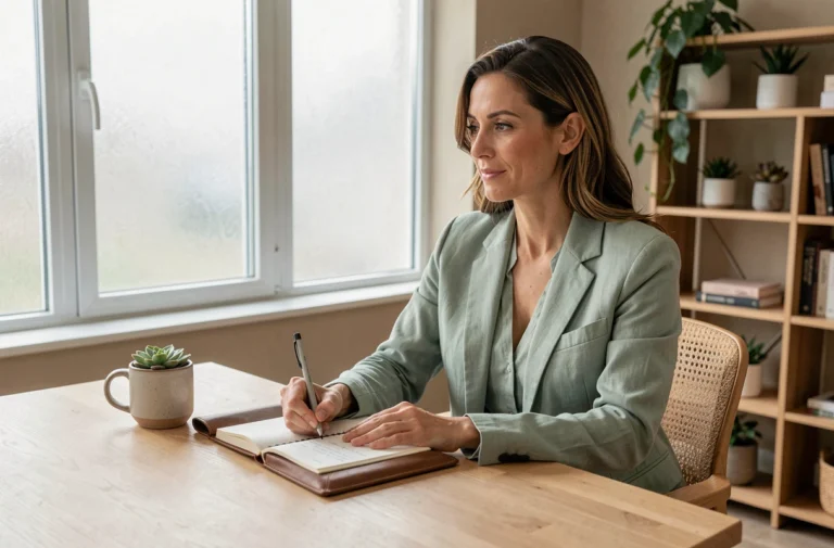 Professionnelle en séance de coaching bien-être personnalisé dans un bureau moderne et apaisant