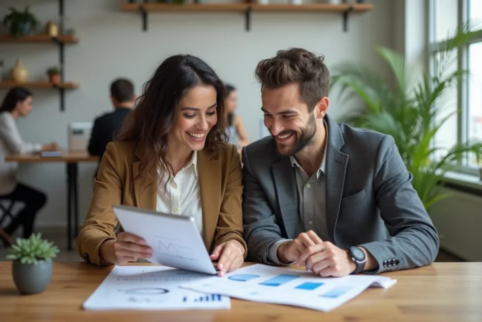 Deux collègues collaborant sur un plan financier dans un espace de coworking pour trouver des méthodes efficaces pour obtenir 7000 euros rapidement