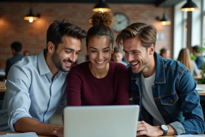Groupe de collègues discutant de l'actualité sur un ordinateur portable dans un espace de coworking