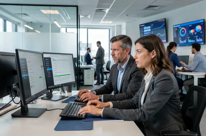 Deux collègues analysant les résultats d'un scan antivirus après un téléchargement de logiciel en entreprise