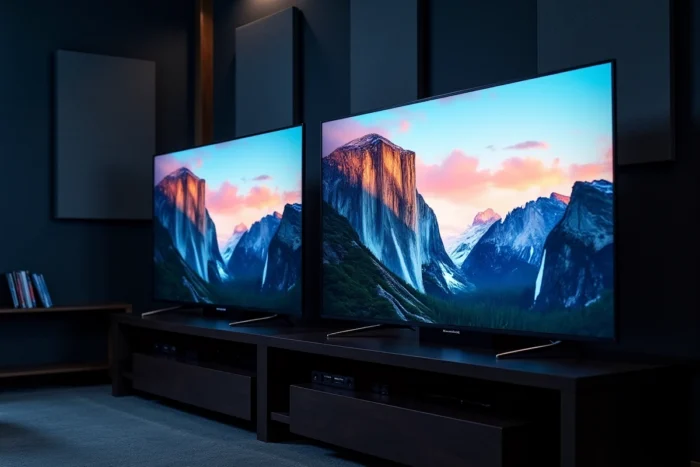 Comparaison visuelle de deux écrans TV affichant la même image pour évaluer la qualité des couleurs ULED et QLED