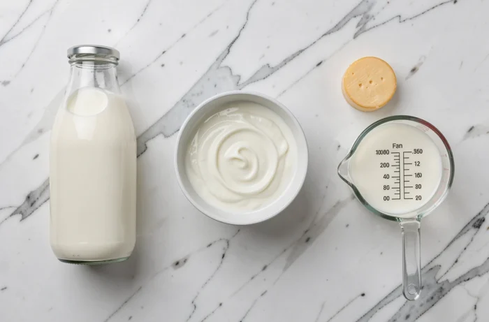 Assortiment de produits laitiers dont lait entier en bouteille, fromage et yaourt sur marbre blanc pour comparer leur teneur en protéines