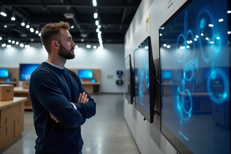 Un homme compare deux téléviseurs ULED et QLED côte à côte dans un magasin d'électronique