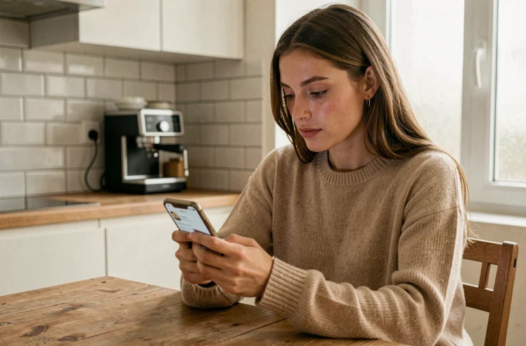 Jeune femme comparant les applications Uber Eats et Deliveroo sur son smartphone dans une cuisine moderne