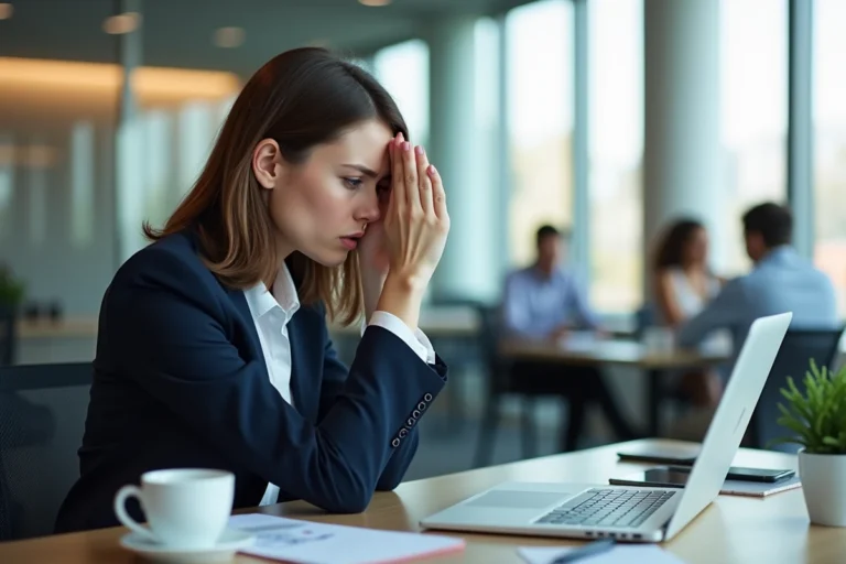 Une professionnelle frustrée face à un écran d'erreur de connexion sur son ordinateur portable dans un bureau moderne
