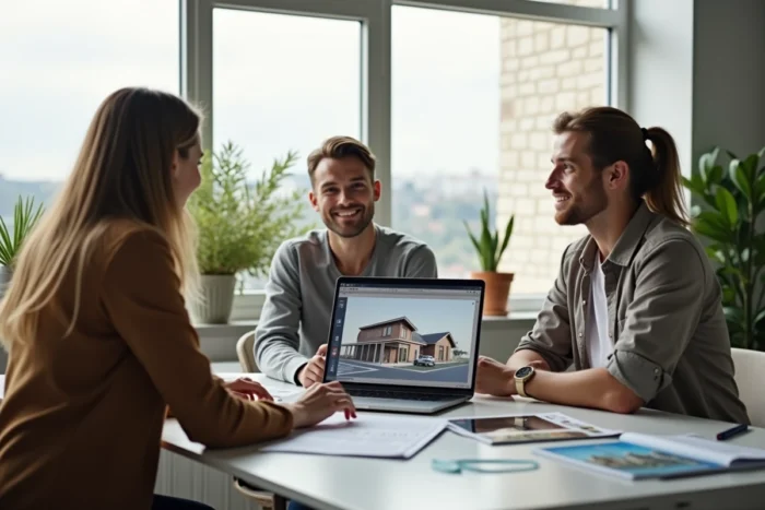 Couple en consultation avec une architecte dans une agence moderne à Rennes