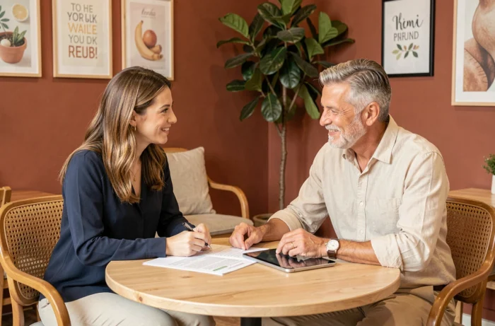 Deux professionnels en consultation bien-être sur-mesure dans un espace de bien-être cosy et professionnel