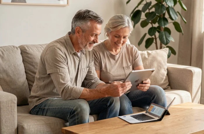 Couple comparant des offres de mutuelle santé sur tablette dans leur salon, en référence aux avis sur la mutuelle GSMC