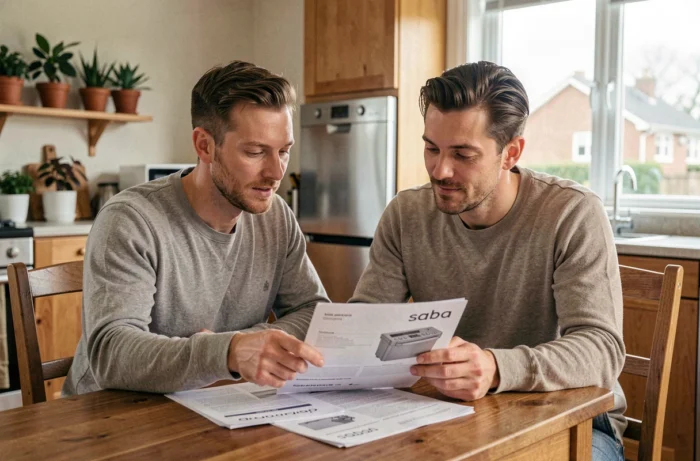 Couple consultant le manuel d'un lave-vaisselle Saba à table, retour d'expérience sur l'électroménager Saba