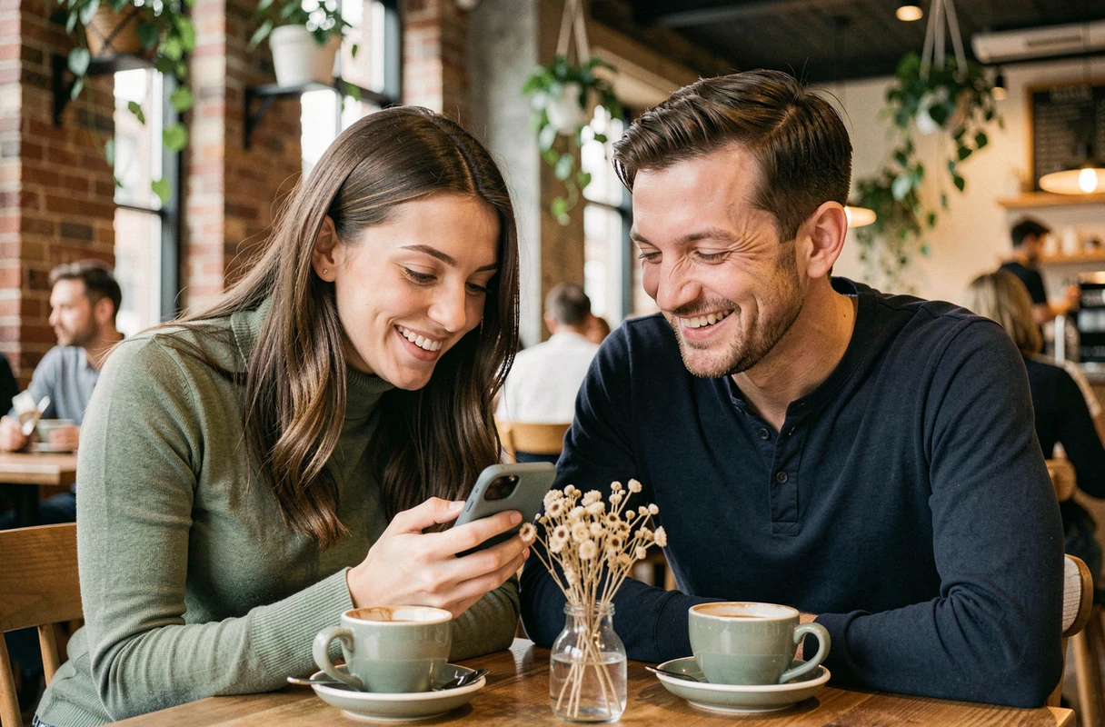Couple amoureux dans un café moderne partageant un message d'amour sincère sur smartphone avec des sourires complices