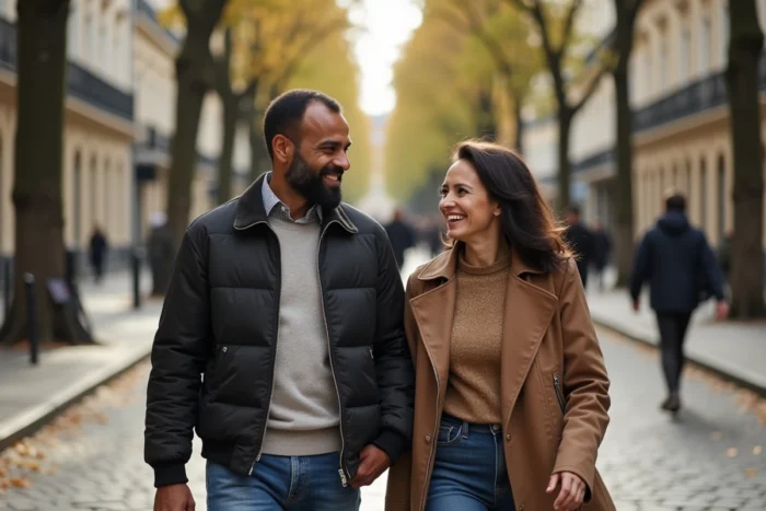Couple complice se promenant en riant dans une rue pavée parisienne bordée d'immeubles haussmanniens