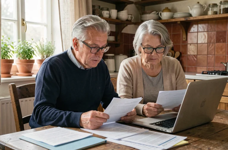 Couple de retraités consultant des documents de retraite à la table de leur maison de campagne