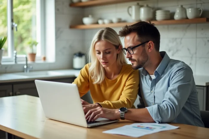 Couple consultant un simulateur de prêt en ligne pour étudier l'allongement de la durée de leur emprunt immobilier
