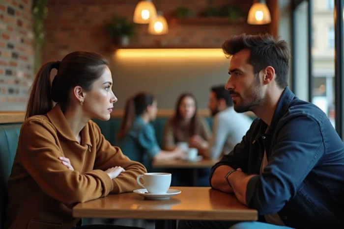 Couple en désaccord dans un café, tension relationnelle évoquant les impacts des daddy issues sur les relations amoureuses