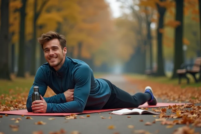 Coureur en récupération active dans un parc avec carnet d'entraînement pour gérer les transaminases élevées