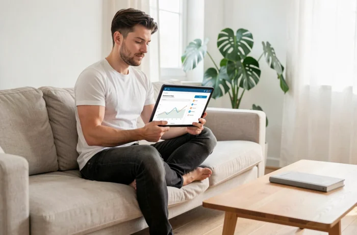 Créateur de contenu consultant une application de stratégie de monétisation publicitaire sur tablette