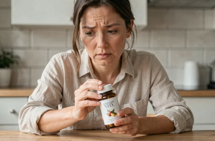 Femme lisant attentivement l'étiquette d'un complément alimentaire à base de plantes, symbolisant la prudence avant la consommation de haritaki