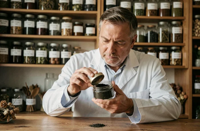 Pharmacien examinant une poudre d'herbe médicinale dans une officine, évoquant la vigilance nécessaire face aux effets secondaires du haritaki