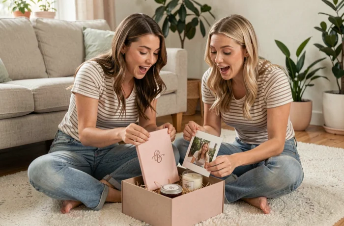 Deux amies découvrant ensemble le contenu d'une boîte cadeau personnalisée dans un salon cosy