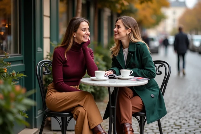 Deux femmes tendance discutant mode à une terrasse de café parisien en automne, vêtements élégants et magazine ouvert sur la table