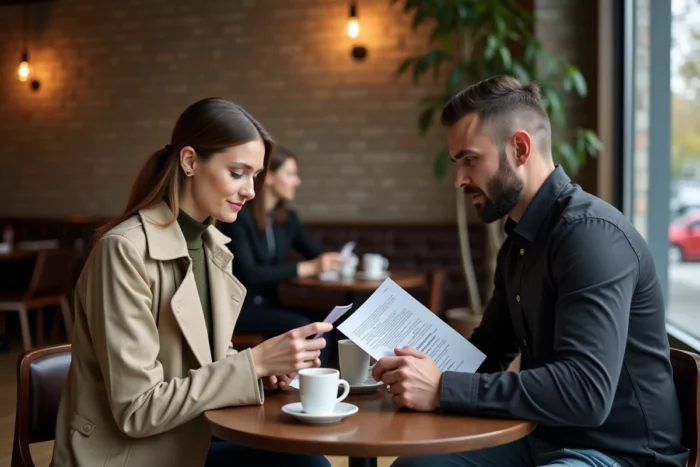 Deux professionnels consultant discrètement un guide de préparation avant un entretien client dans un café urbain