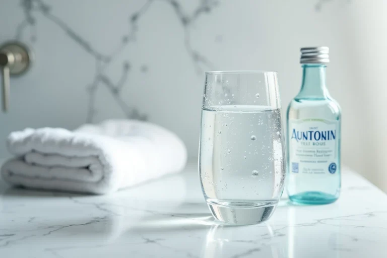 Verre d'eau minérale Saint Antonin posé sur un plan vasque en marbre blanc avec serviette éponge, ambiance soin digestif