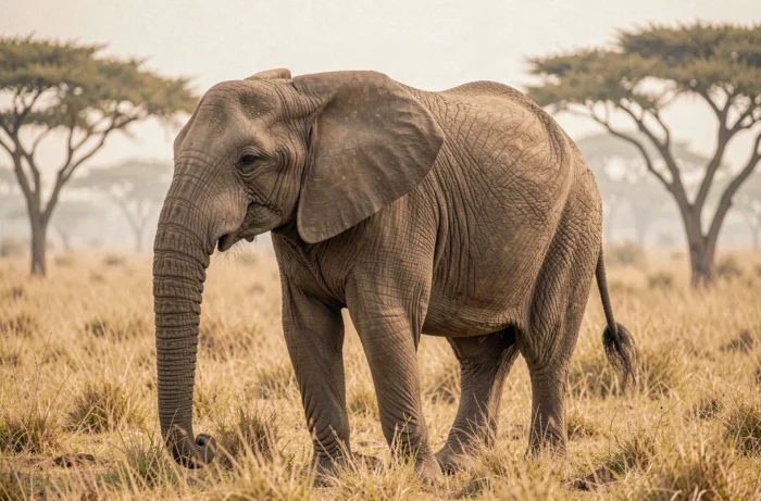Éléphant africain en liberté dans la savane, portrait animalier réaliste montrant la texture de sa peau et son environnement naturel